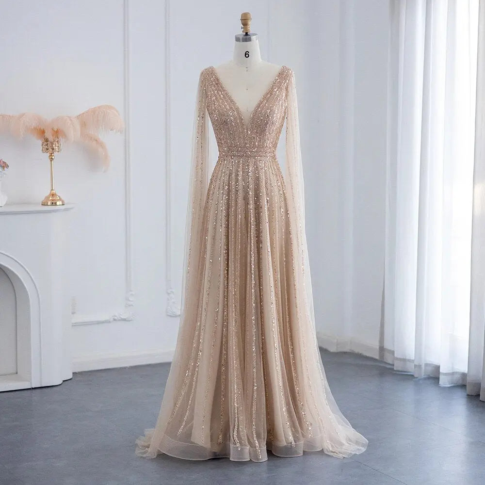 Luxury Nude Evening Dress with Cape Sleeves SS322