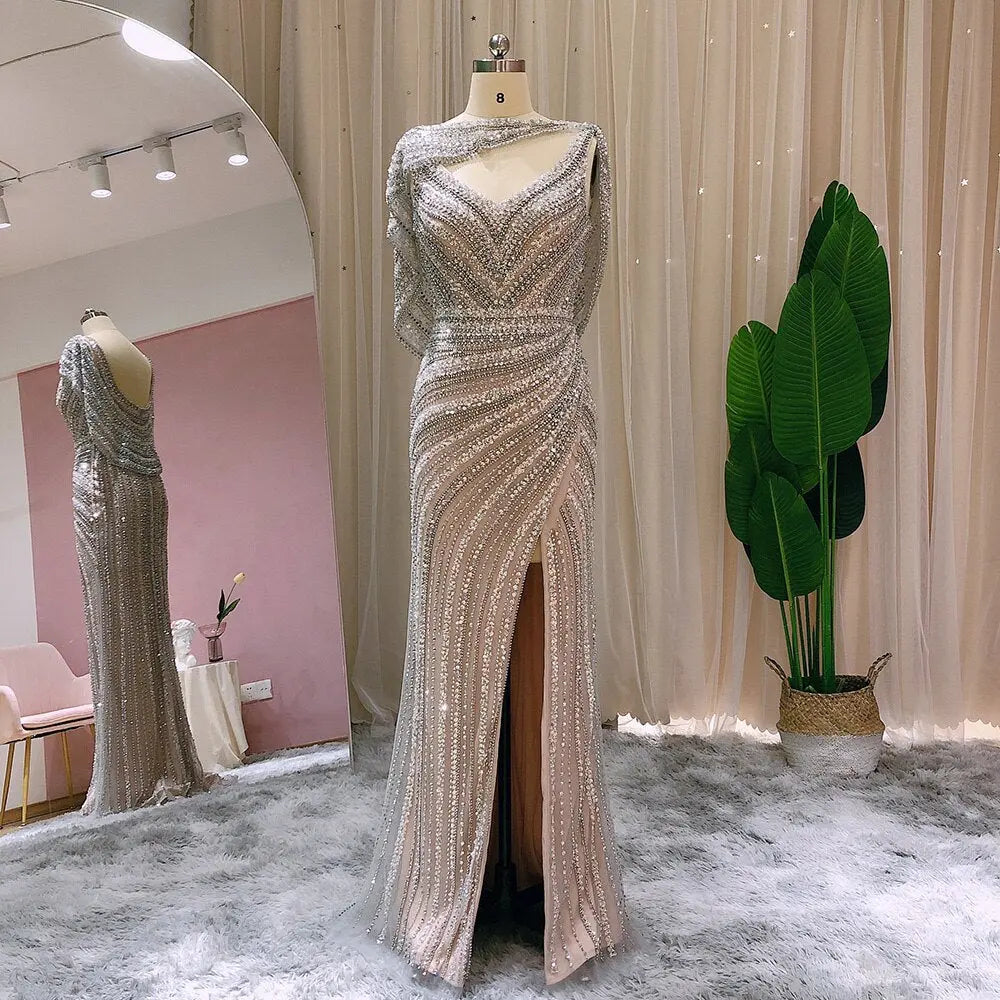 Luxury Beaded Silver Slit Mermaid Evening Dress with Cape SS035