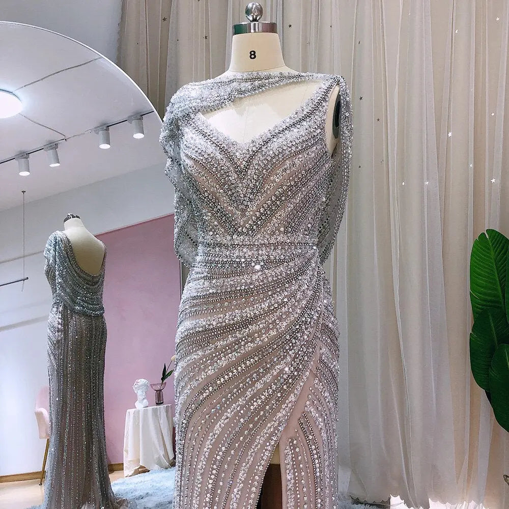 Luxury Beaded Silver Slit Mermaid Evening Dress with Cape SS035