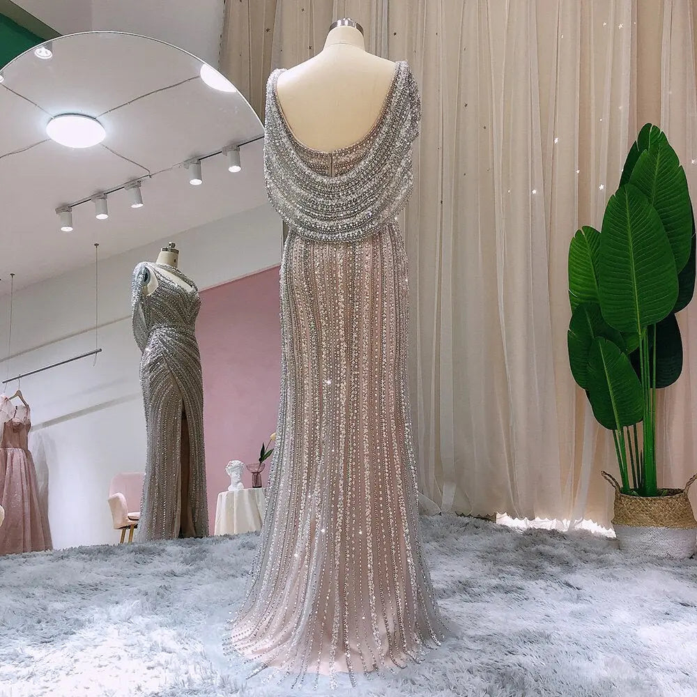 Luxury Beaded Silver Slit Mermaid Evening Dress with Cape SS035