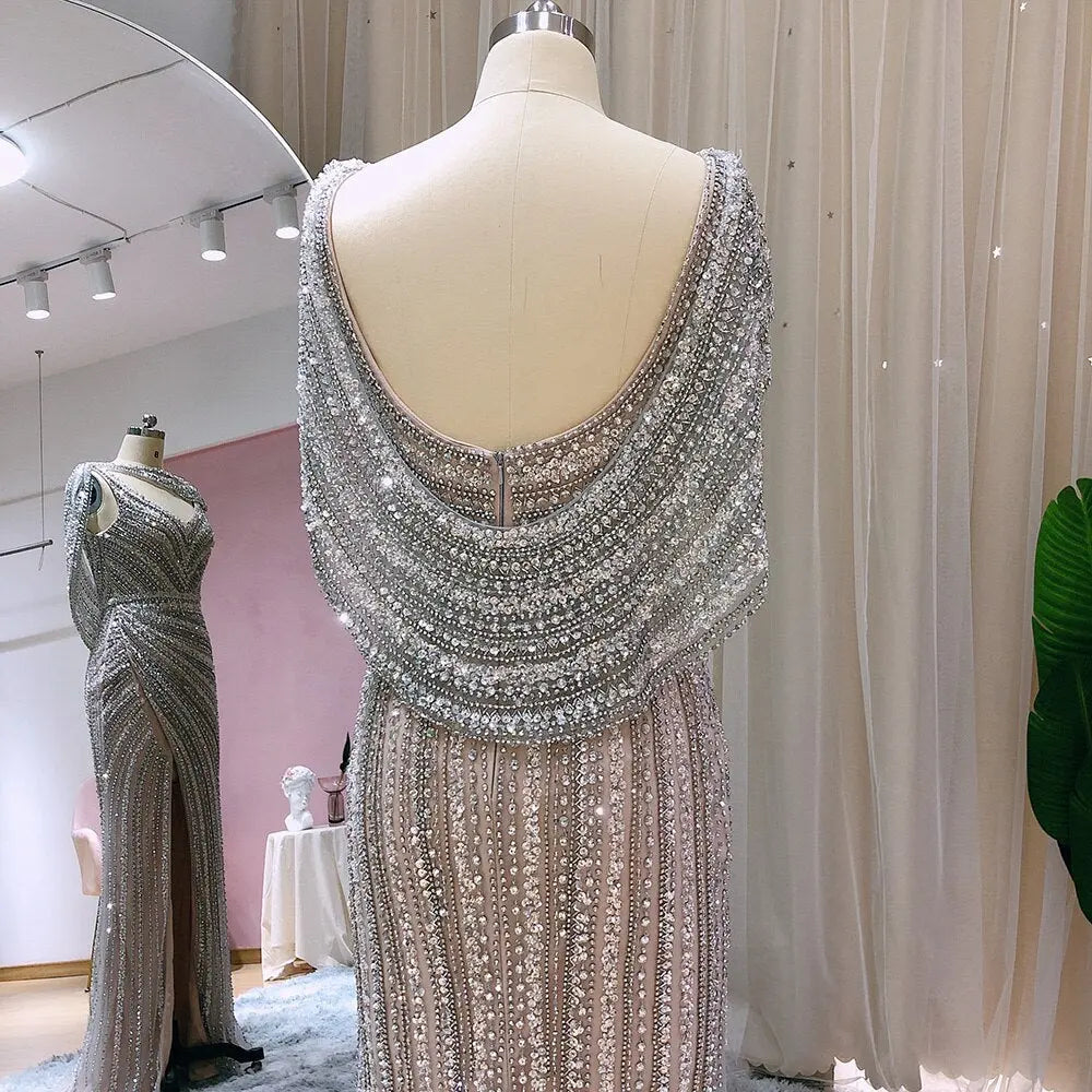 Luxury Beaded Silver Slit Mermaid Evening Dress with Cape SS035