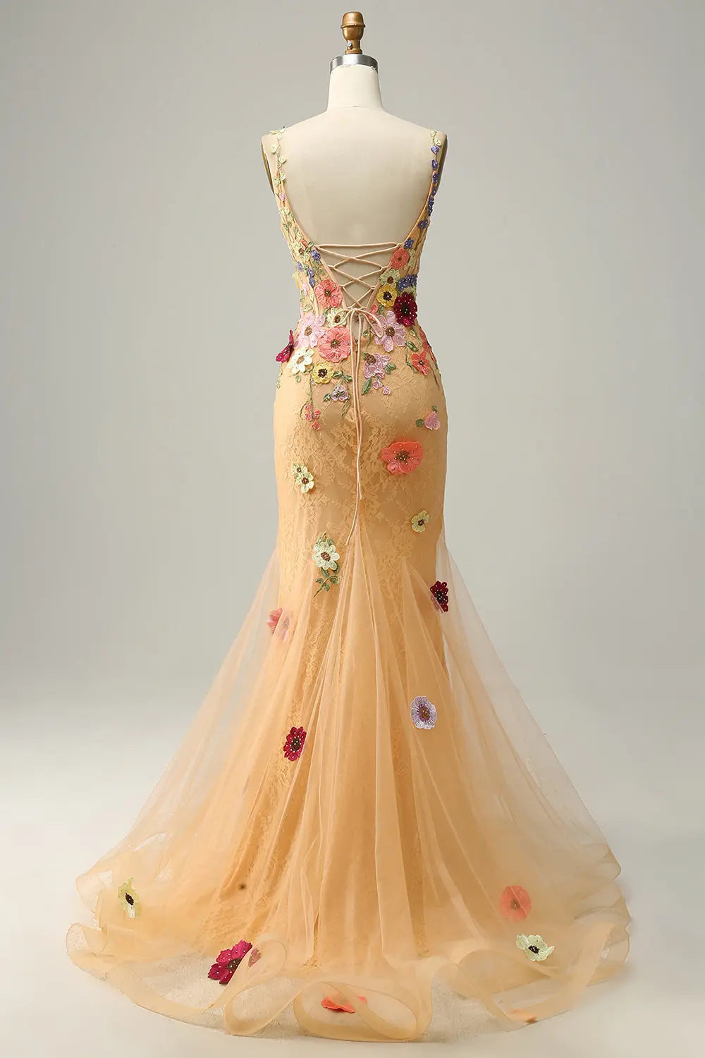 Luxury Champagne Spaghetti Strap Floral Embroidered Prom Dress SH440