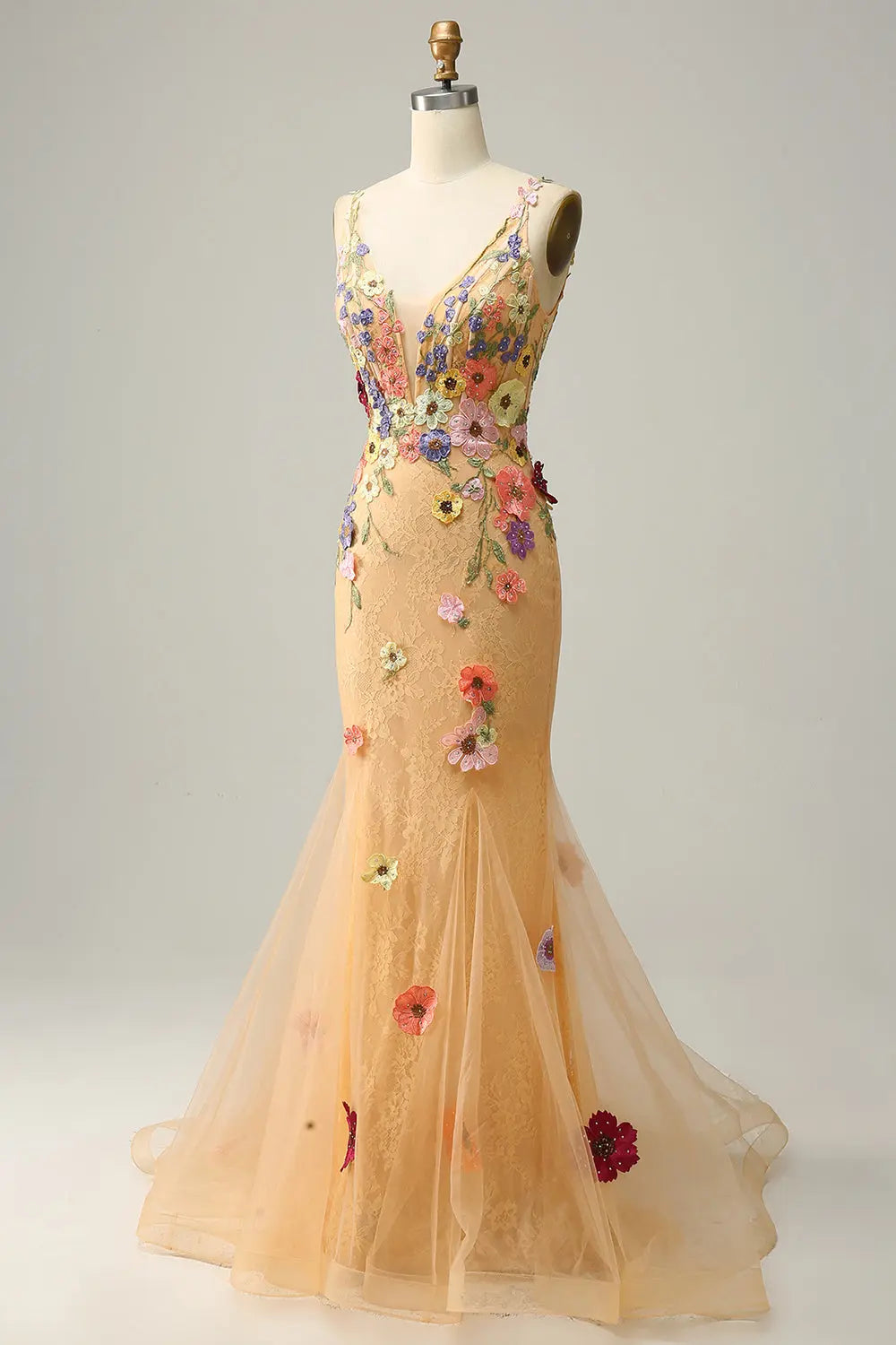 Luxury Champagne Spaghetti Strap Floral Embroidered Prom Dress SH440