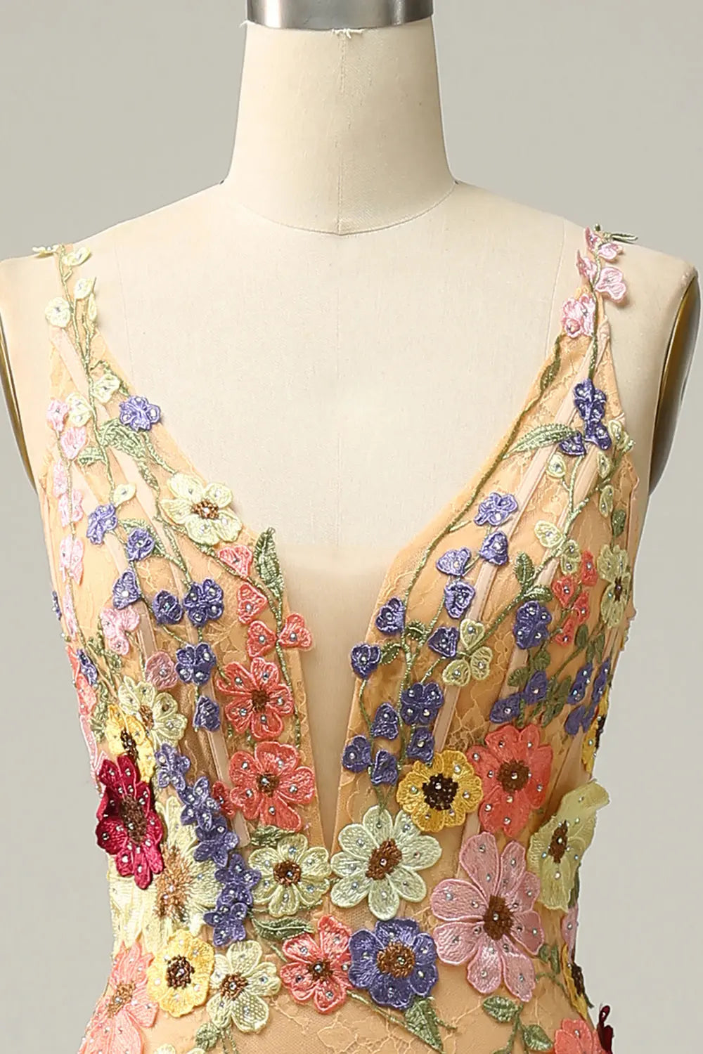 Luxury Champagne Spaghetti Strap Floral Embroidered Prom Dress SH440