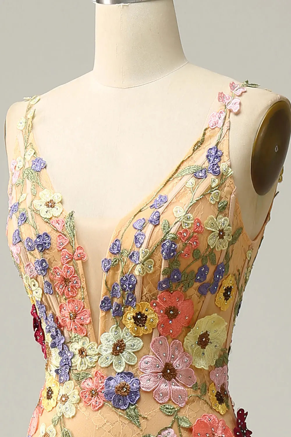 Luxury Champagne Spaghetti Strap Floral Embroidered Prom Dress SH440