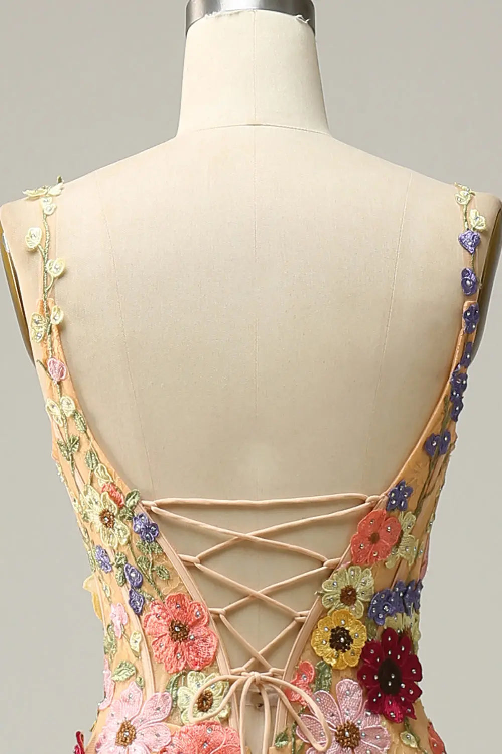 Luxury Champagne Spaghetti Strap Floral Embroidered Prom Dress SH440