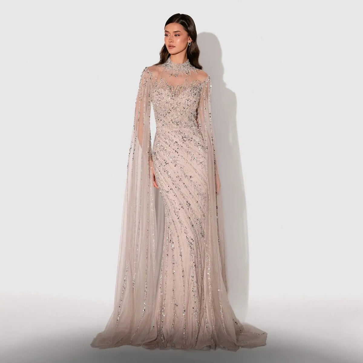 Luxury Nude High Neck Evening Dress with Cape Sleeves SS162