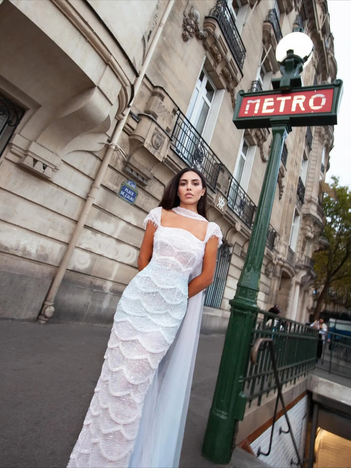 Gradient White Mermaid Square Sheer Evening Dress Long Side Tulle Overlay SS523