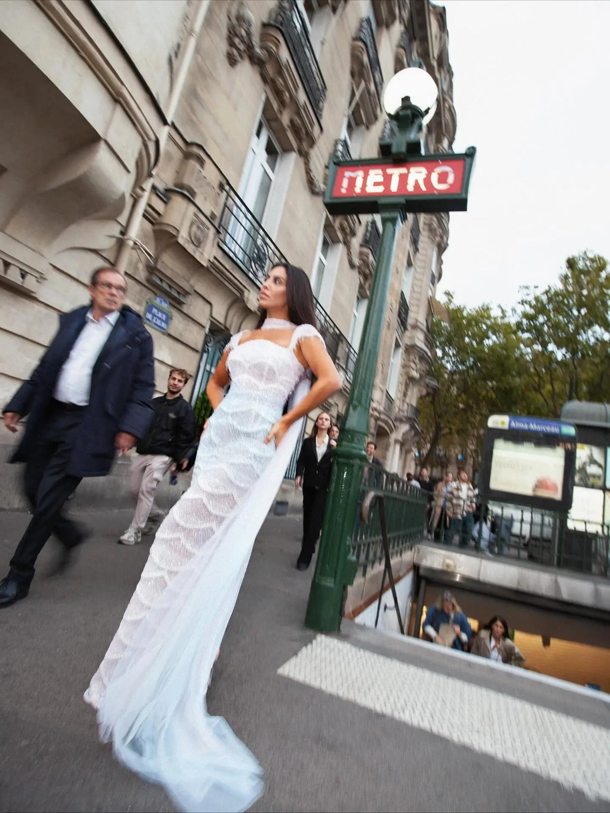 Gradient White Mermaid Square Sheer Evening Dress Long Side Tulle Overlay SS523