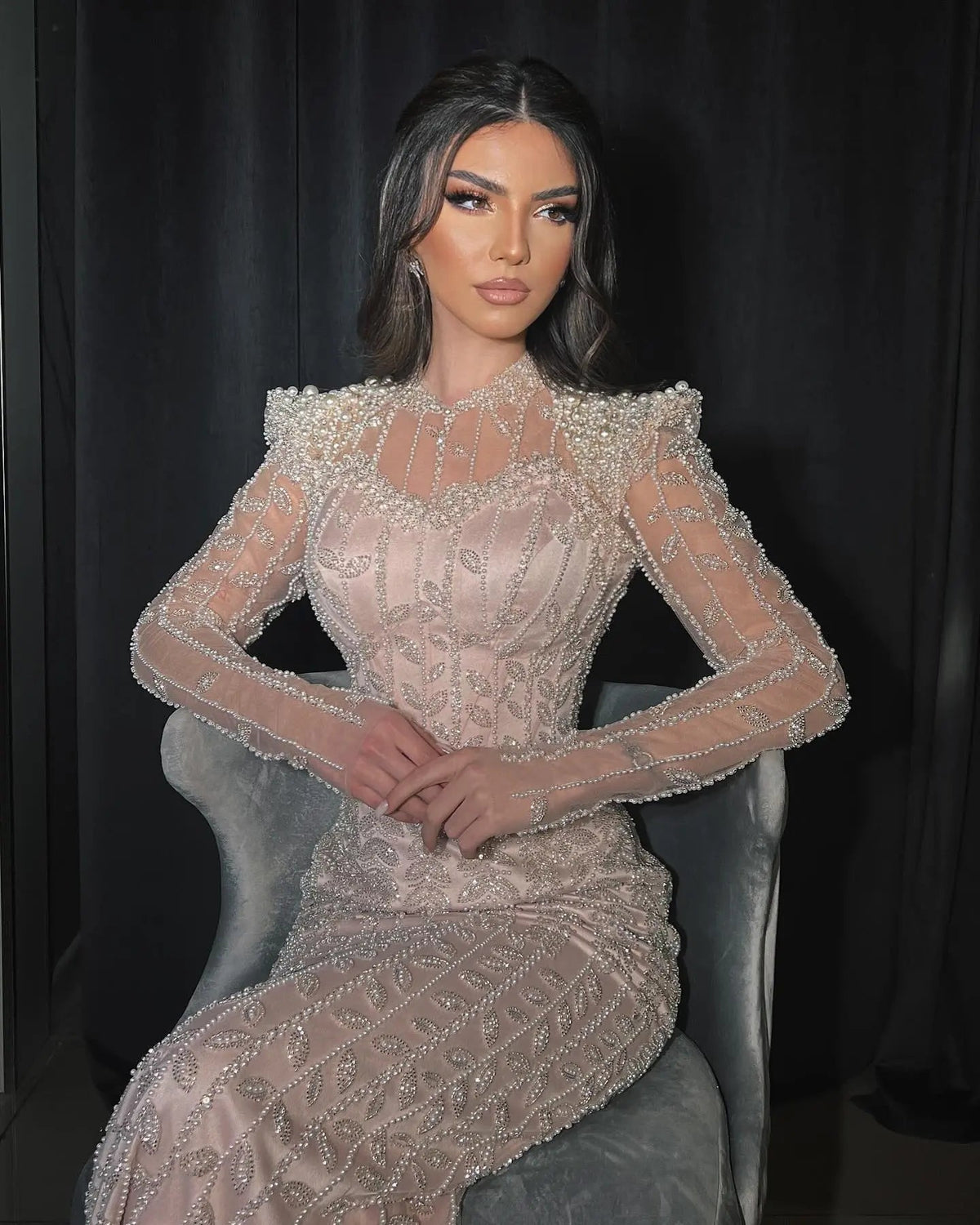 Luxury Cream Long Sleeves Evening Dress SS696