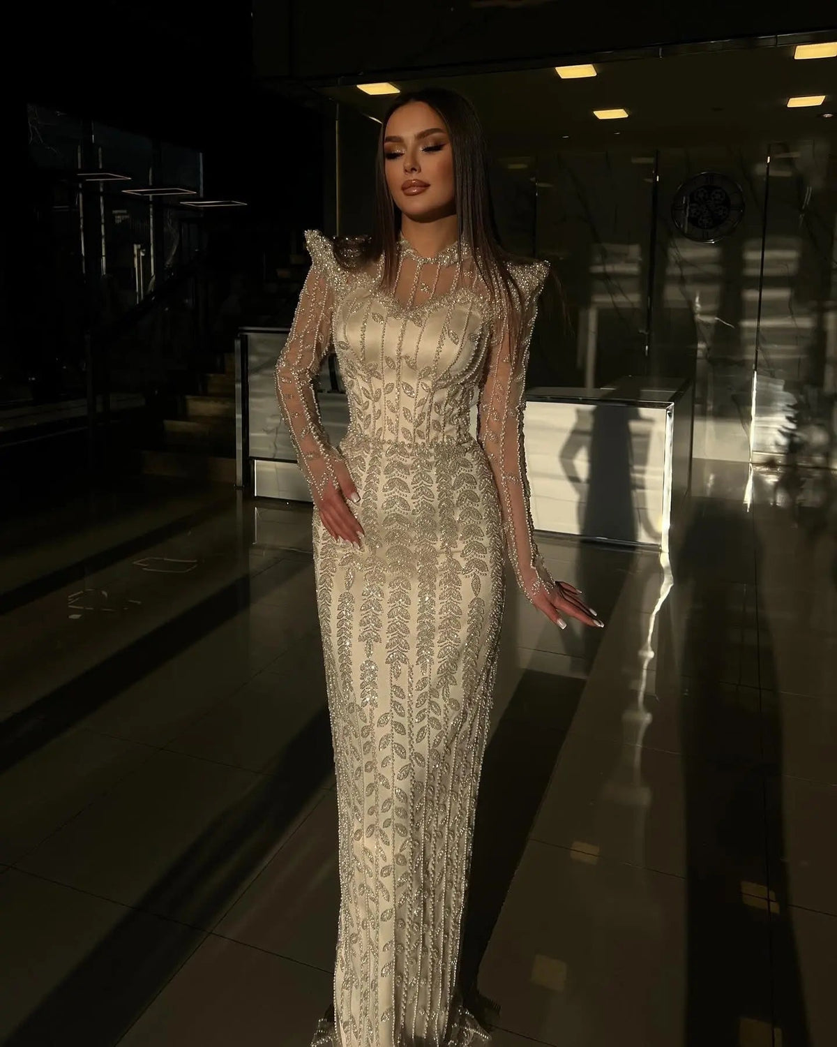 Luxury Cream Long Sleeves Evening Dress SS696