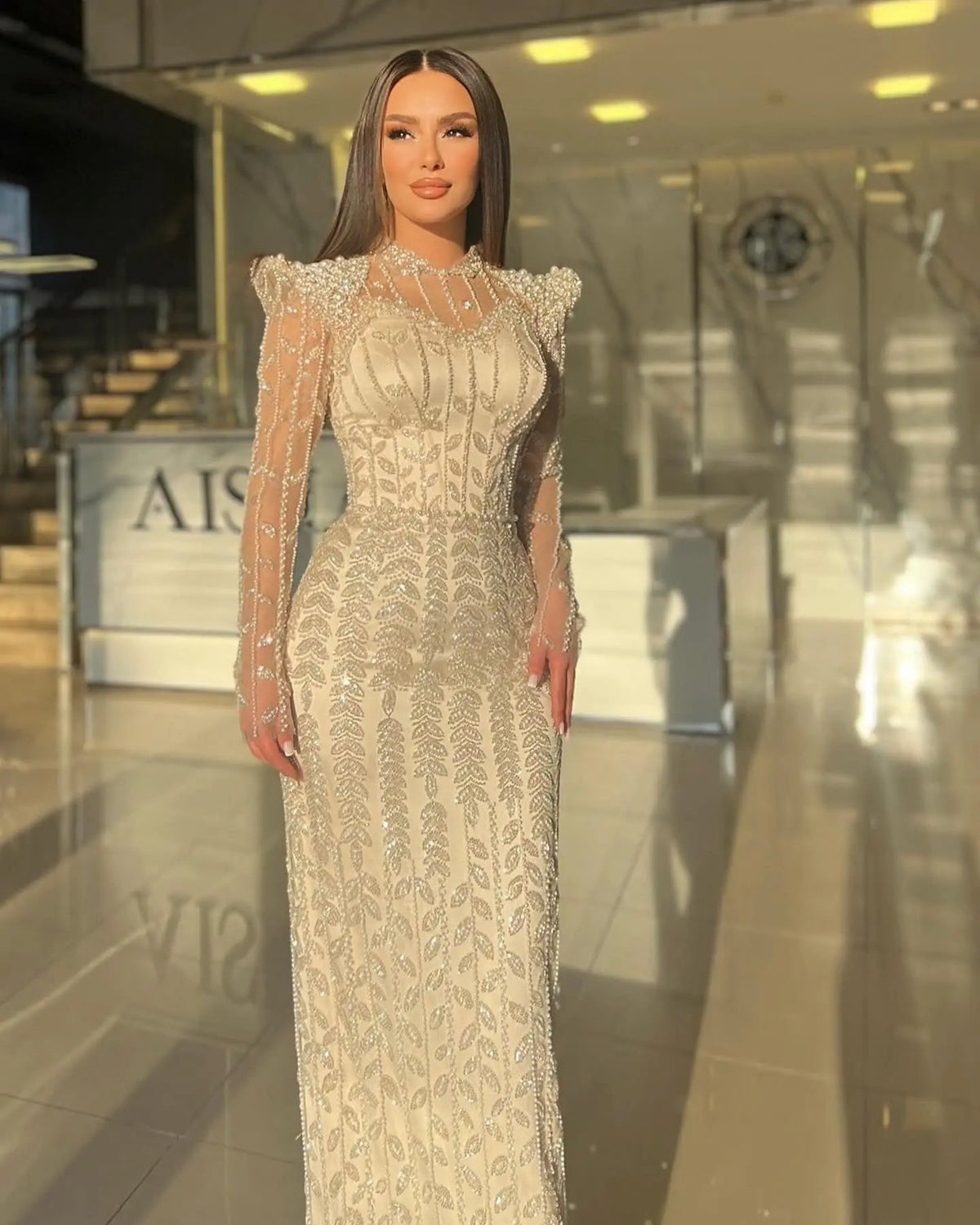 Luxury Cream Long Sleeves Evening Dress SS696