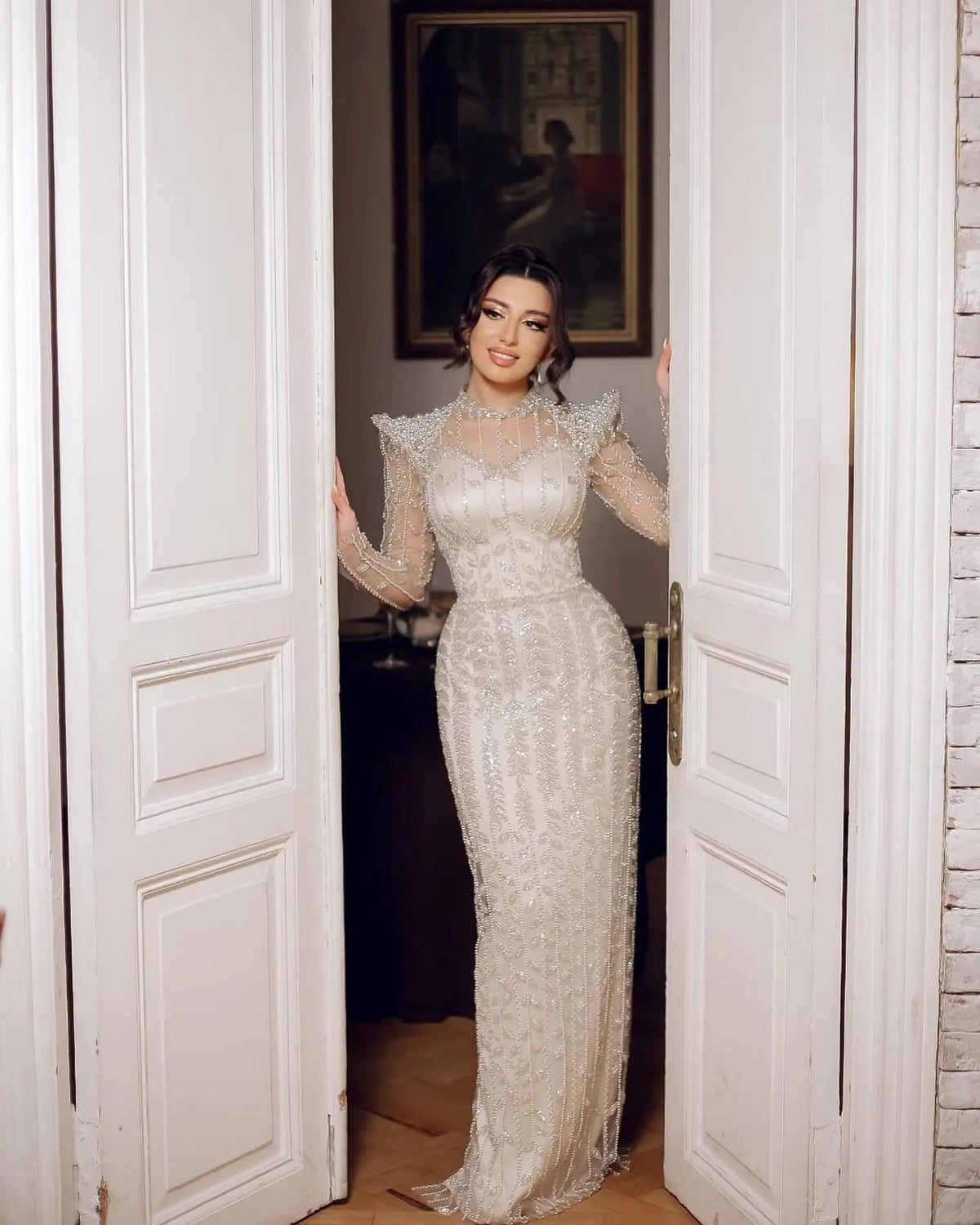 Luxury Cream Long Sleeves Evening Dress SS696