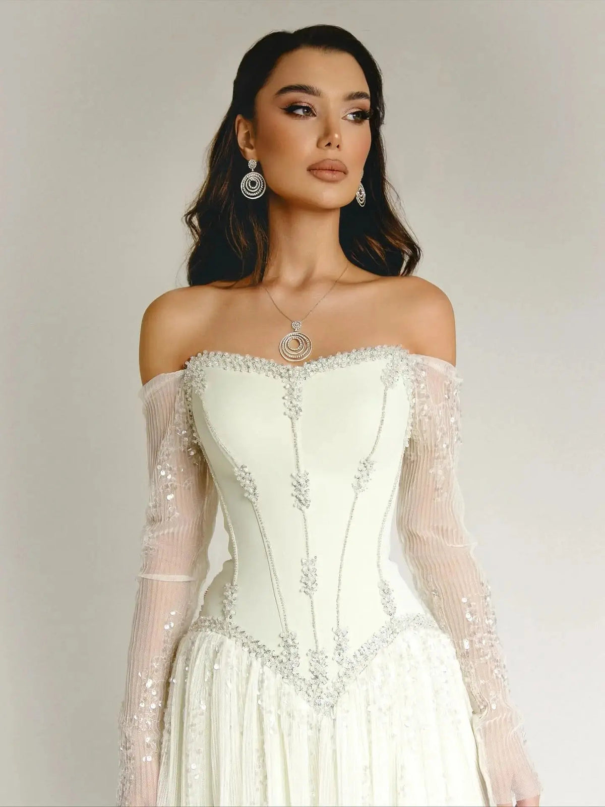 Luxury Beige Crystal Beaded Mesh Long Sleeve Evening Dress SS628