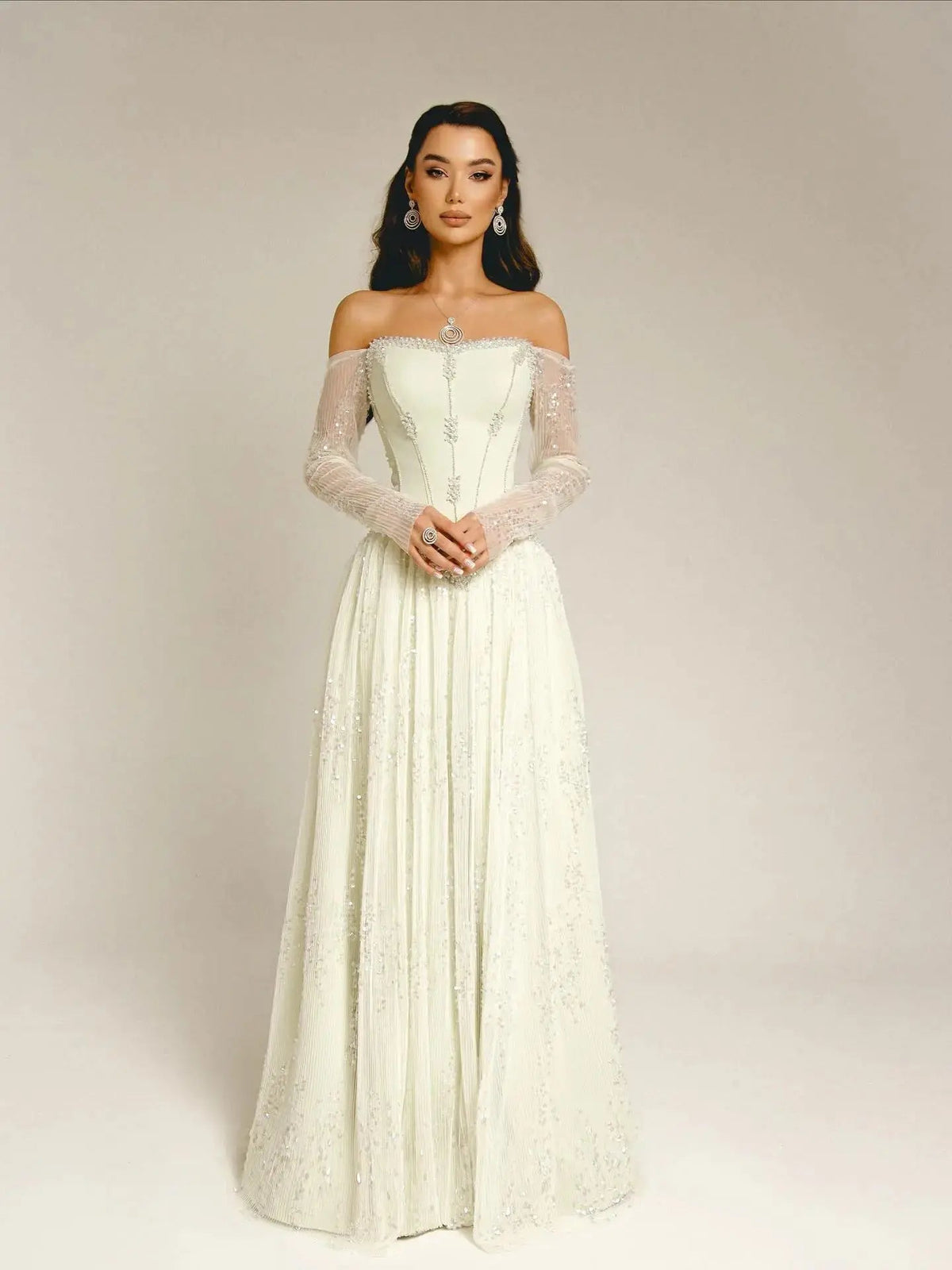 Luxury Beige Crystal Beaded Mesh Long Sleeve Evening Dress SS628