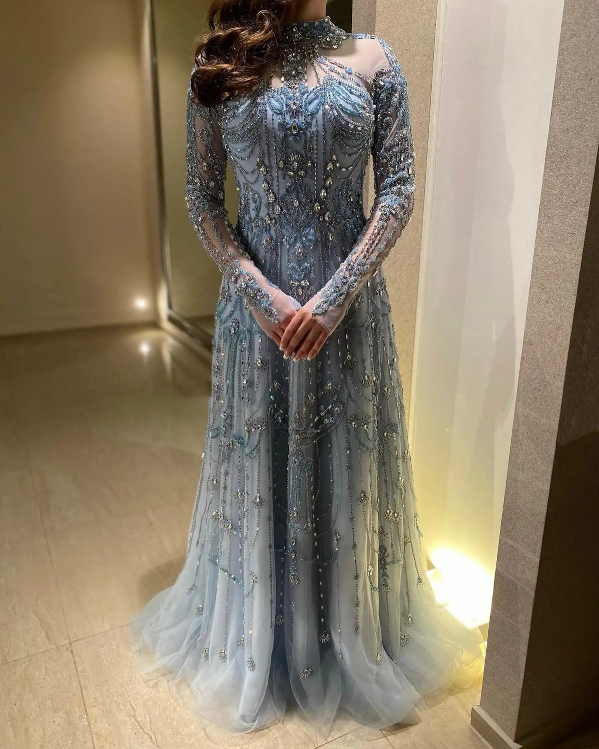 Luxury Blue Long Sleeves High Neck Evening Dress SS587