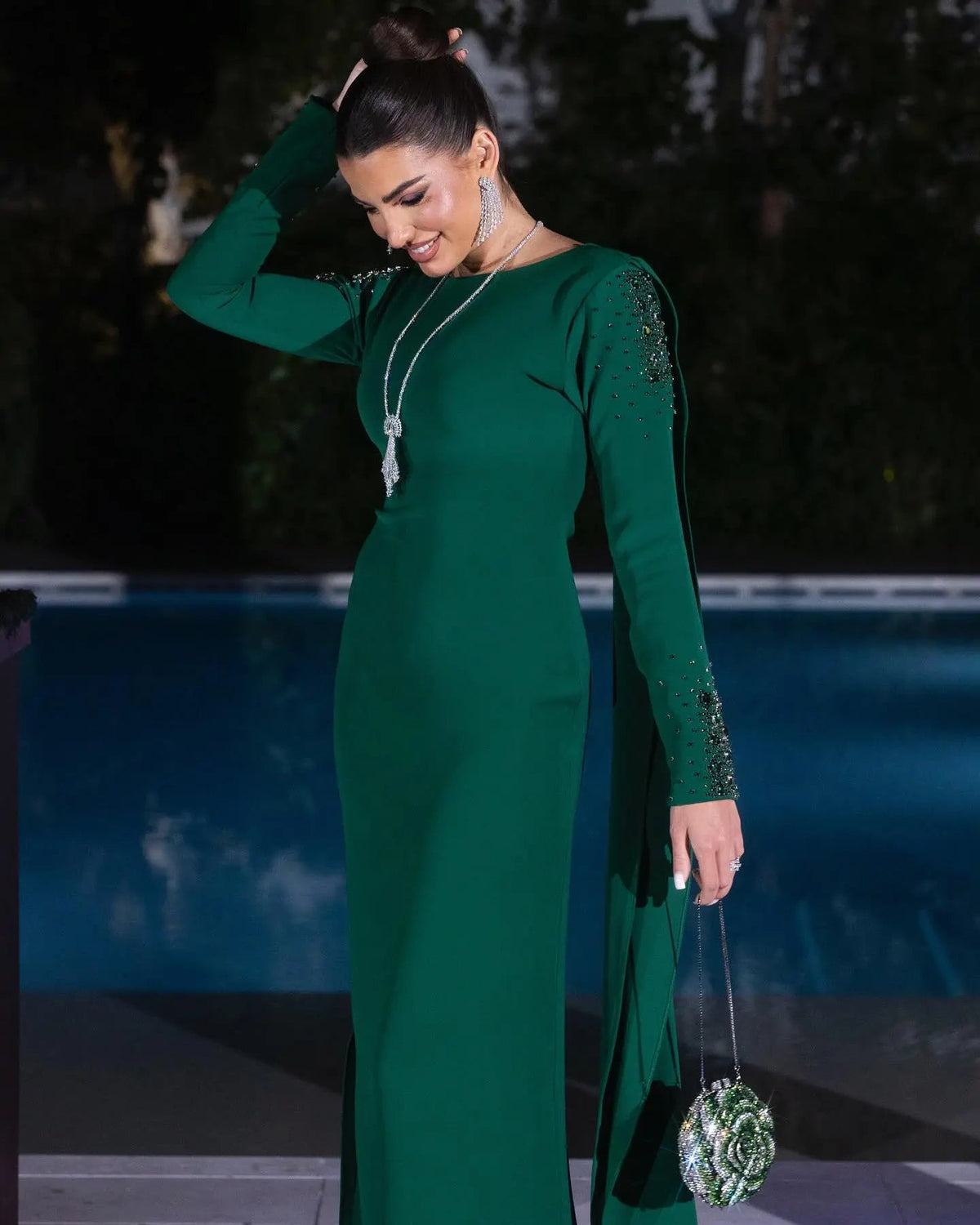 Elegant Green Long Sleeve Evening Dress with Cape SF464