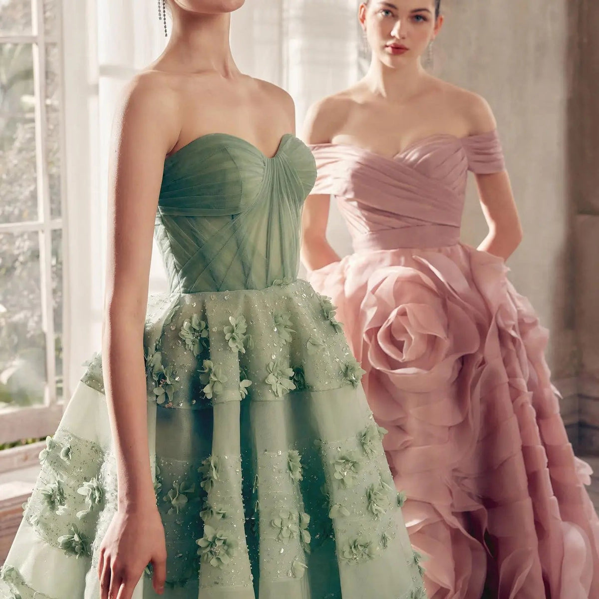 Luxury Sage Green 3D Flowers Dubai Evening Dress with Cape SS346
