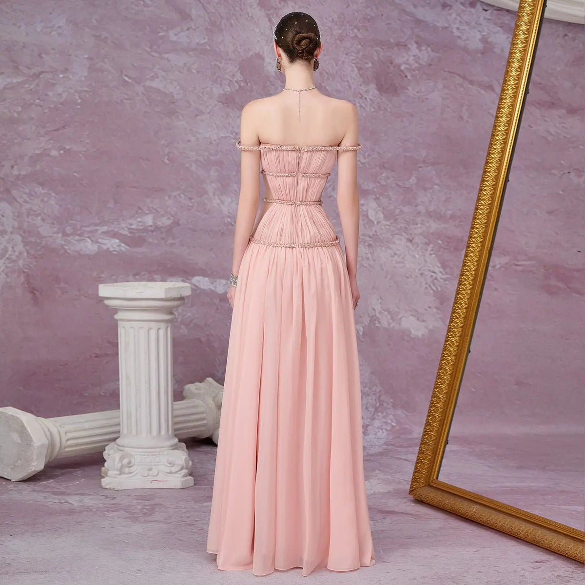 Glamorous Pink Chiffon Cape Evening Dress with Beaded Waist SF420