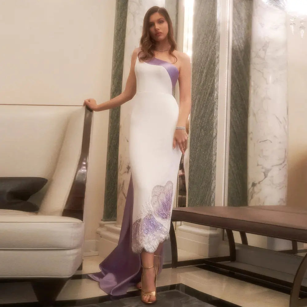 Luxury Butterfly Beaded One Shoulder White Evening Dress SS475