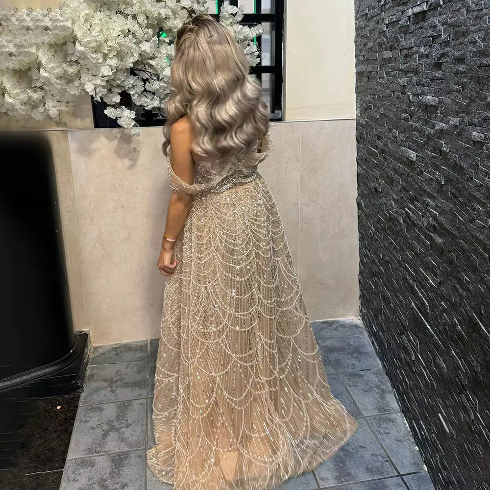 Luxury Beaded Champagne Off-Shoulder Evening Dress SS676