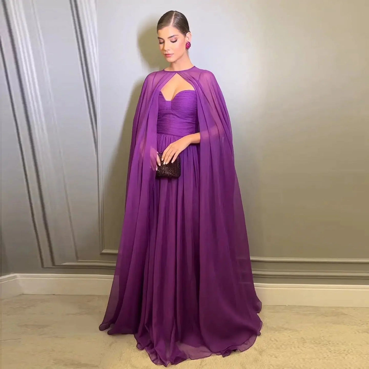 Elegant Purple Chiffon Evening Dress with Cape SF002