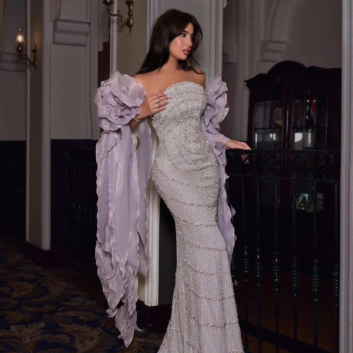 Luxury Lilac Strapless Evening Dress with 3D Flower Ruffles SS246