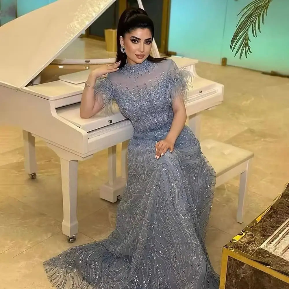 Luxury High Neck Blue Feathers Evening Dress SS660