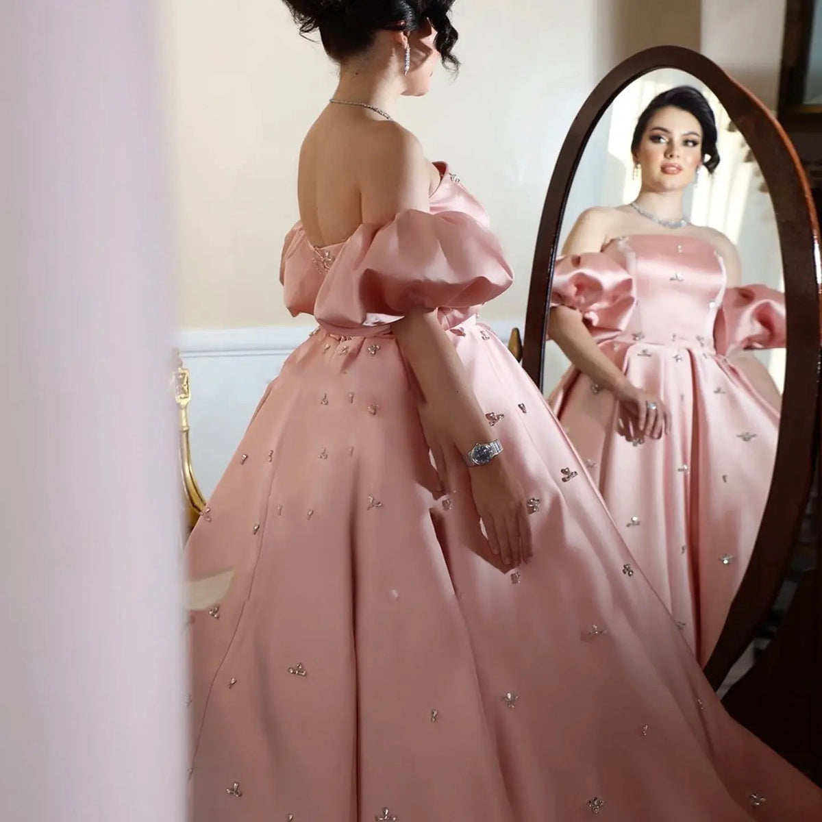 For Sale Crystal Blush Pink Satin Off-Shoulder Evening Dresses SS442