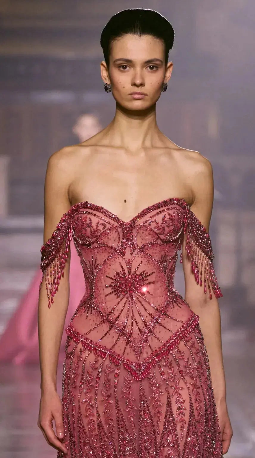 Fuchsia Beading Tassel Off-Shoulder Sleeves Evening Dresses SS516