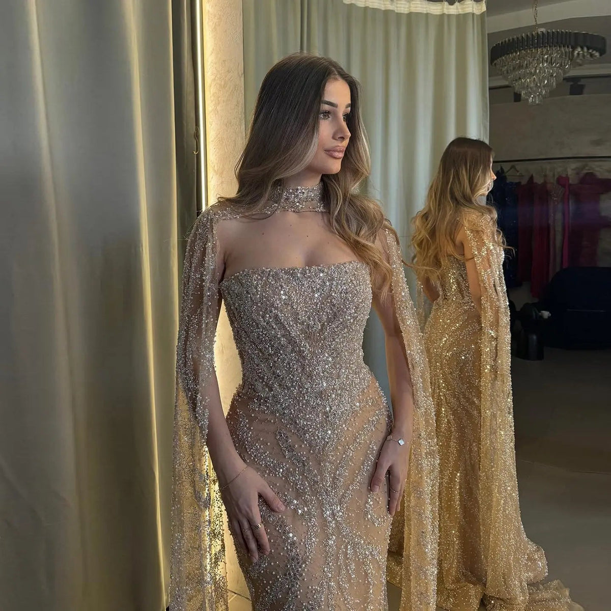 Luxury Beaded Red Mermaid Evening Dress with Cape Sleeves SS663