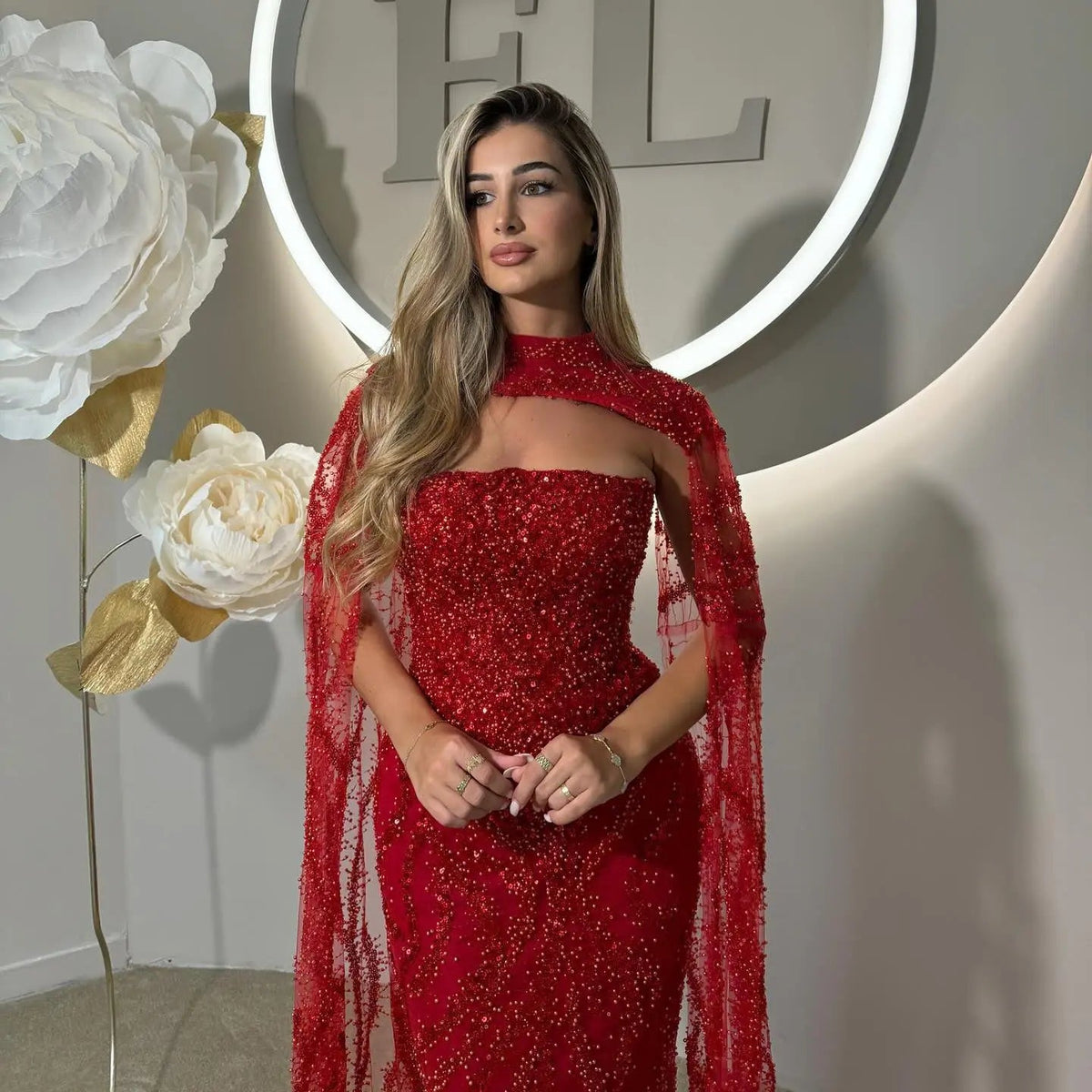 Luxury Beaded Red Mermaid Evening Dress with Cape Sleeves SS663