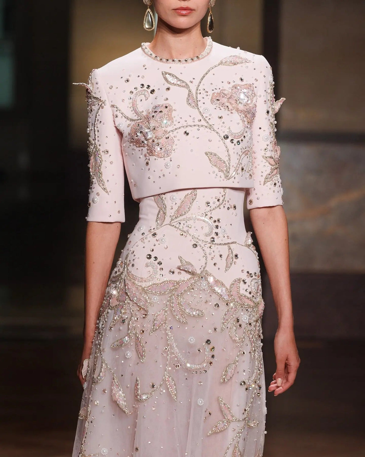 Luxury Blush Pink Crystal Short Sleeve 2 Pieces Evening Dress SS518