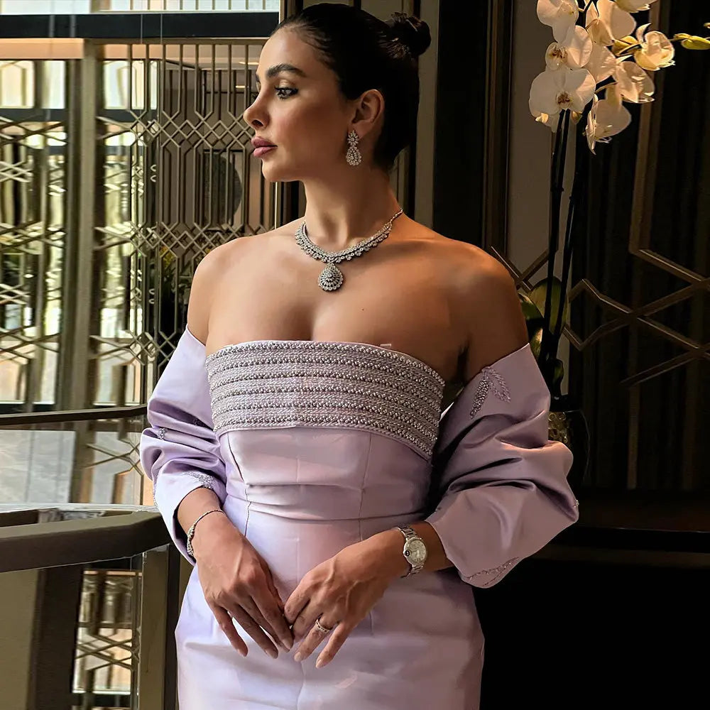 Luxury Lilac Beaded Evening Dress with Bow Cape SS319