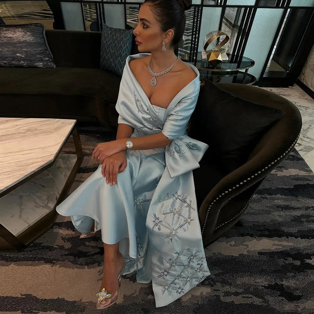Luxury Blue Mermaid Evening Dress with Beaded Cape Shawl SS333