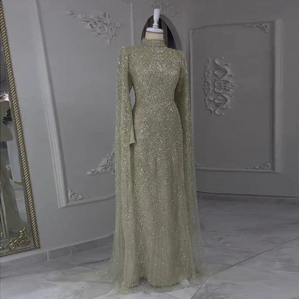 Luxury Sage Green Evening Dress with Cape Sleeves SS630