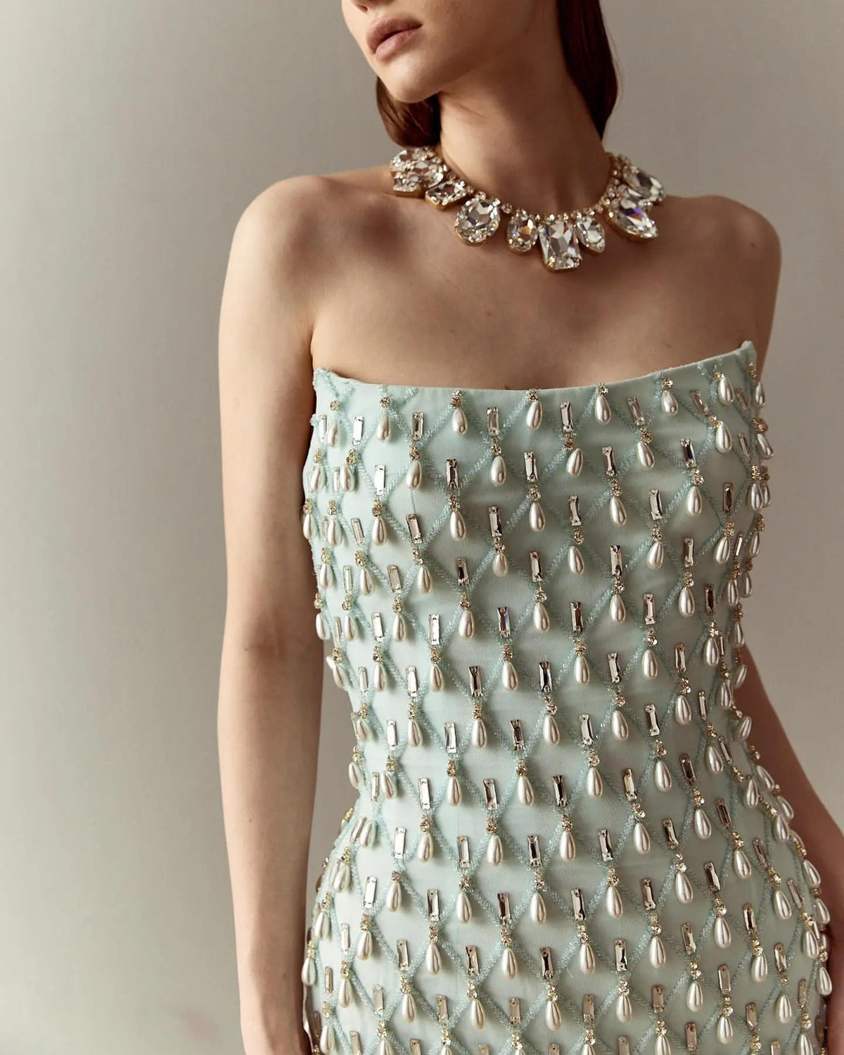 Luxury Crystal Pearls Sage Green Evening Dress with Cape SS431