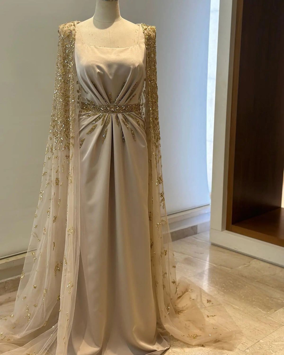 Luxury Champagne Square Neck Beaded Evening Dress with Cape Sleeve SS213
