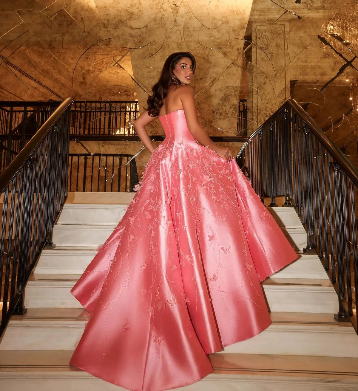 Luxury 3D Flowers Feathers Coral Pink Evening Dress SS470