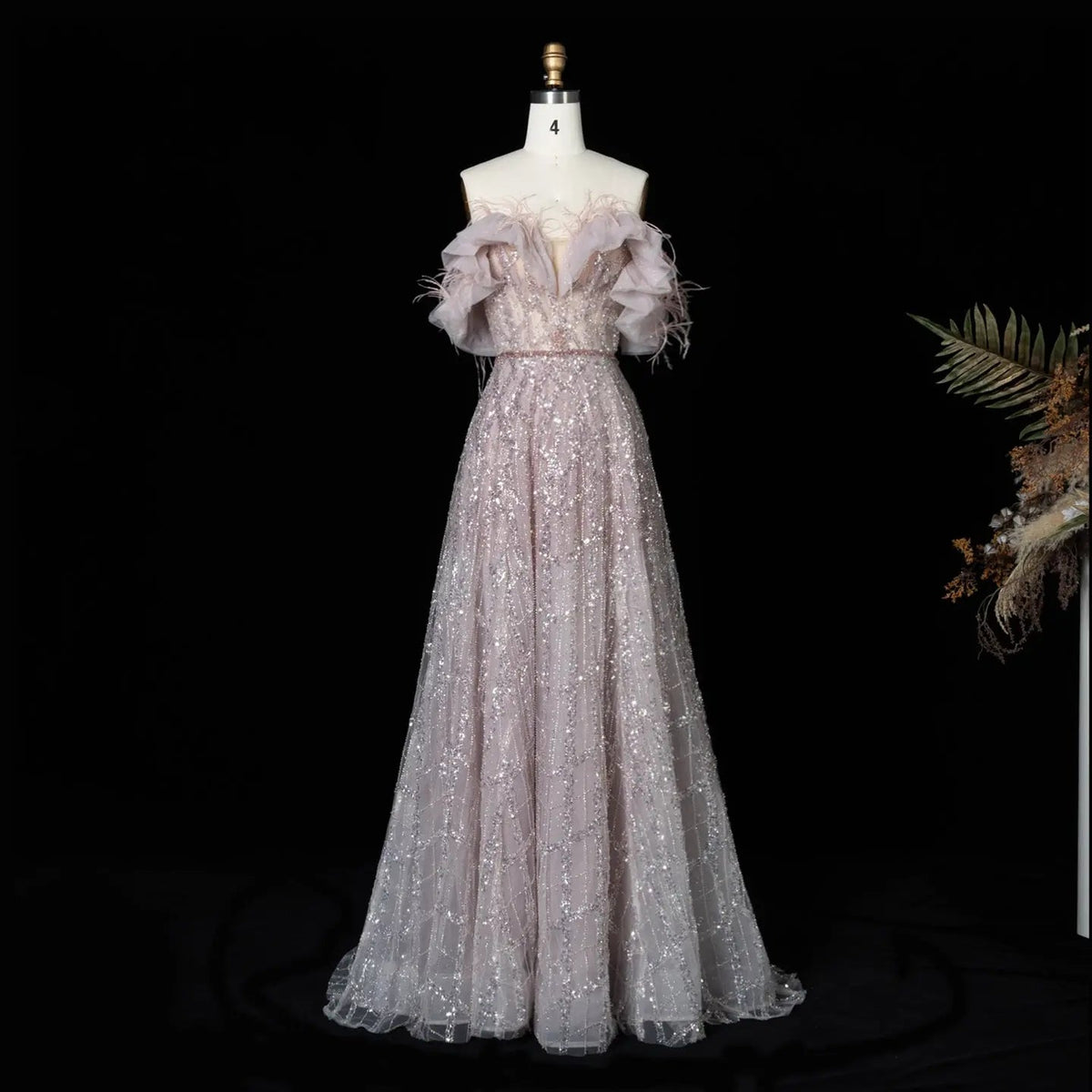 Luxury Feathers Green Off Shoulder Evening Dress SS303