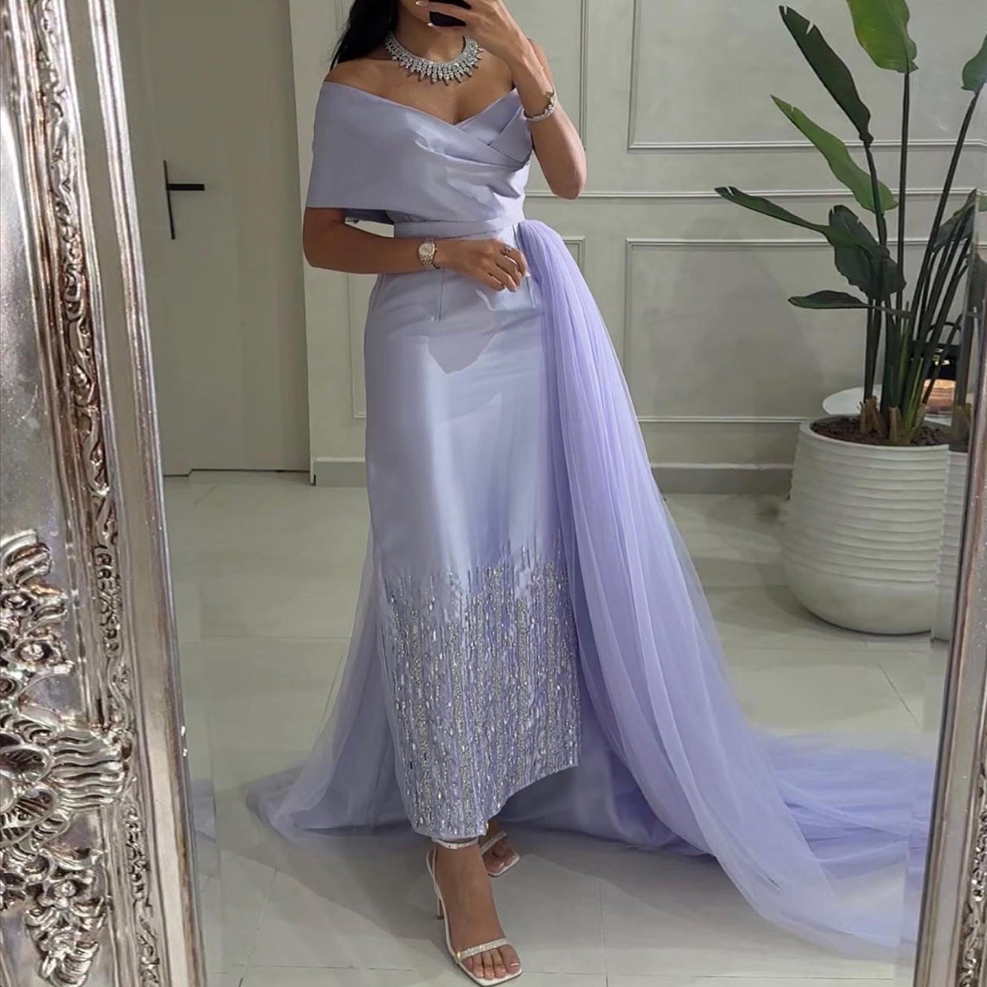 Luxury Beaded Lilac One Shoulder Evening Dress with Overskirt SS405