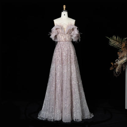 Luxury Feathers Green Off Shoulder Evening Dress SS303