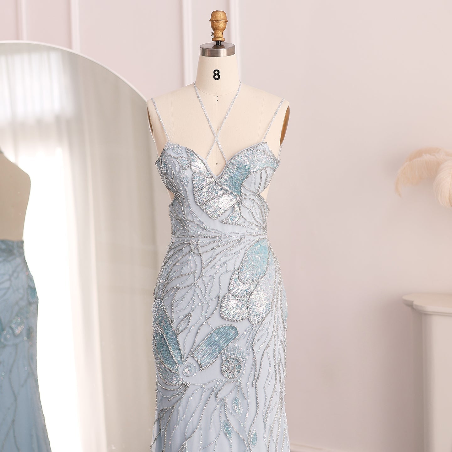 Luxury Mermaid Pink Evening Dress with Feathers Scarf SS478