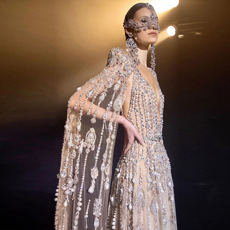 Luxurious Crystal Pearls Evening Dress with Cape Sleeves SS750