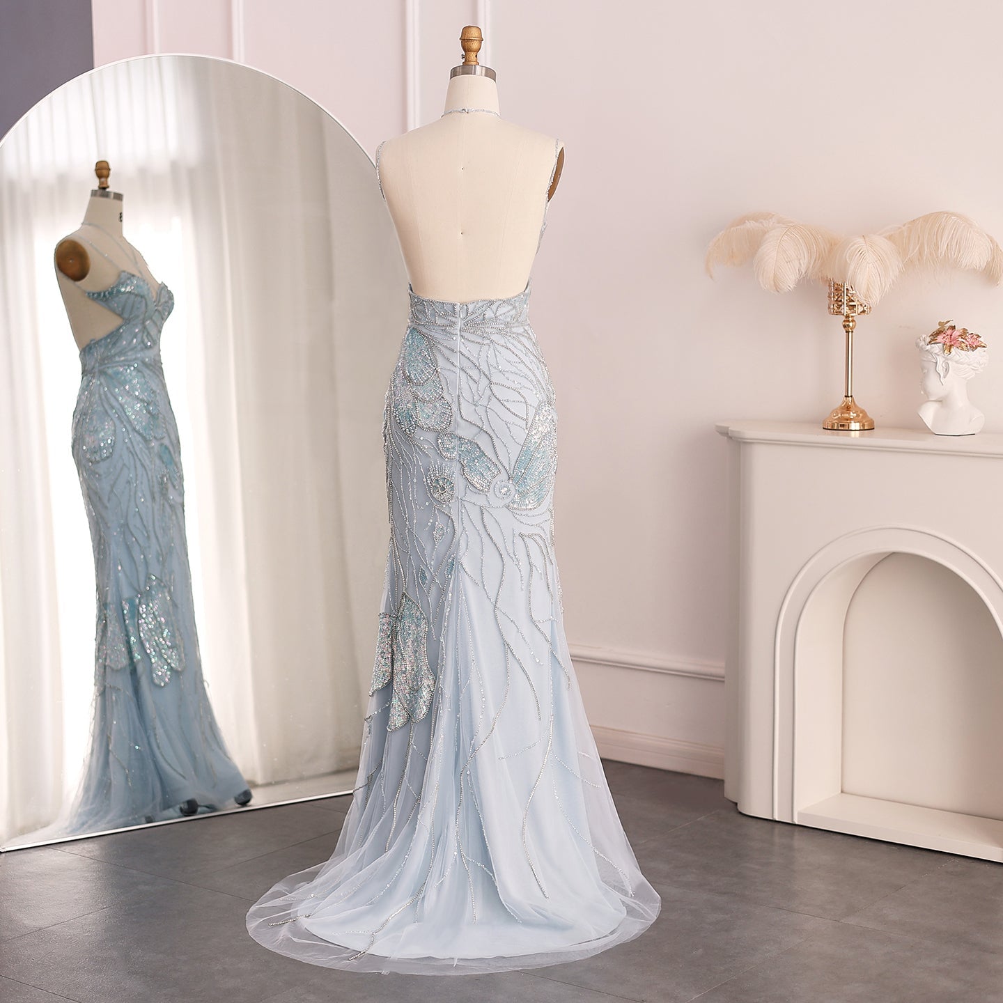 Luxury Mermaid Pink Evening Dress with Feathers Scarf SS478