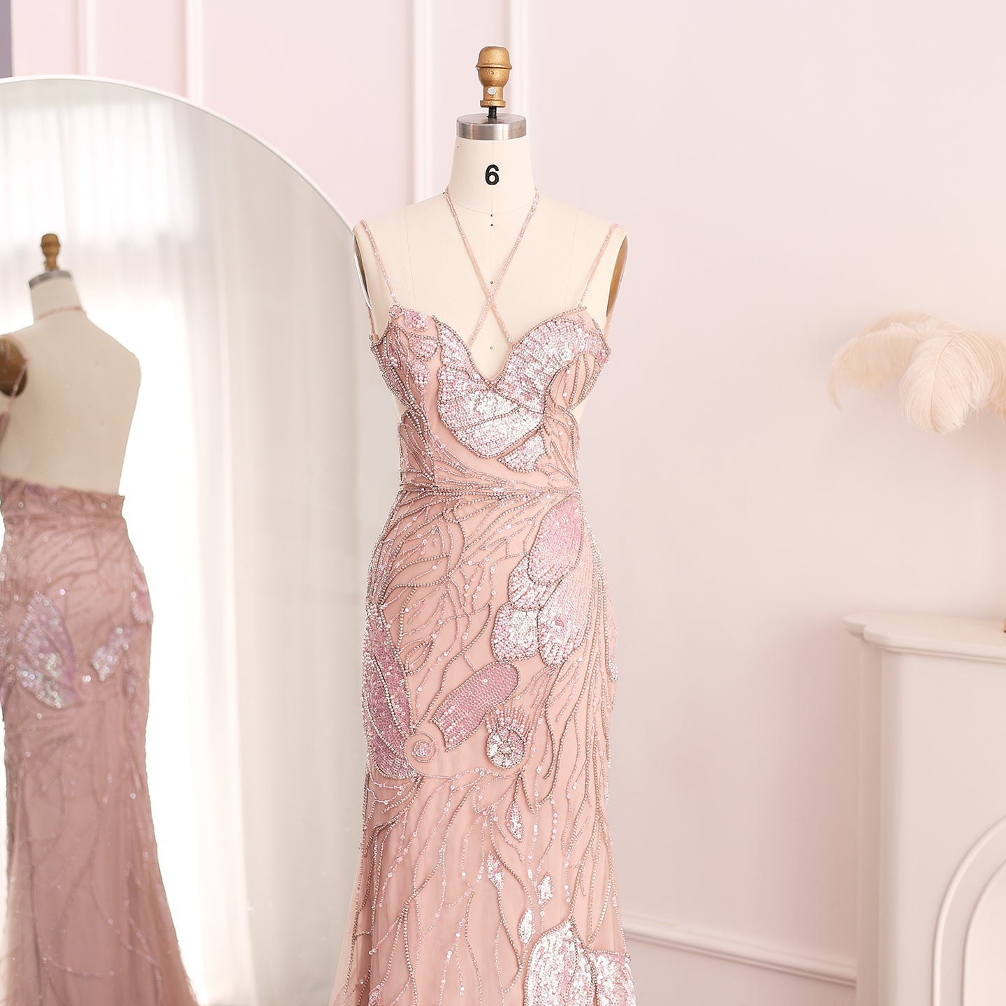 Luxury Mermaid Pink Evening Dress with Feathers Scarf SS478
