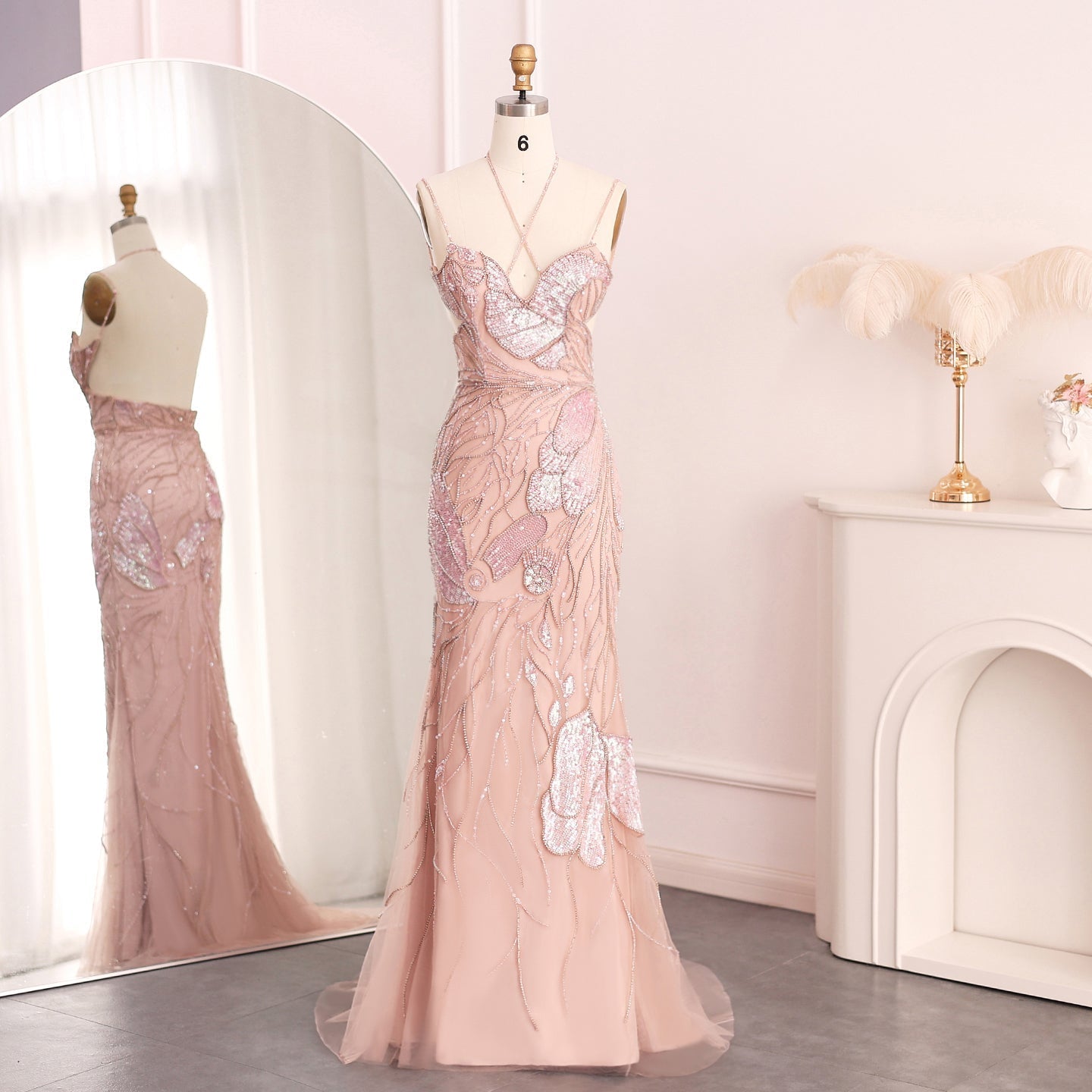 Luxury Mermaid Pink Evening Dress with Feathers Scarf SS478