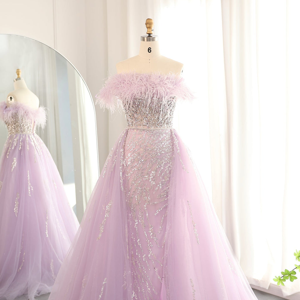Luxury Feathers Lilac Crystal Evening Dress with Overskirt SS252