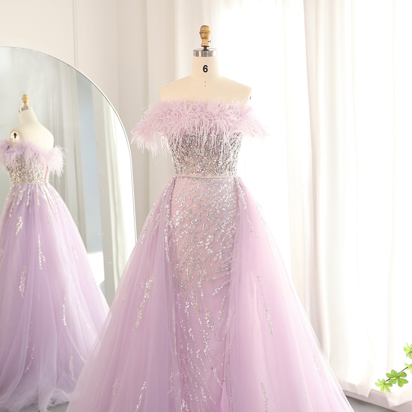 Luxury Feathers Lilac Crystal Evening Dress with Overskirt SS252