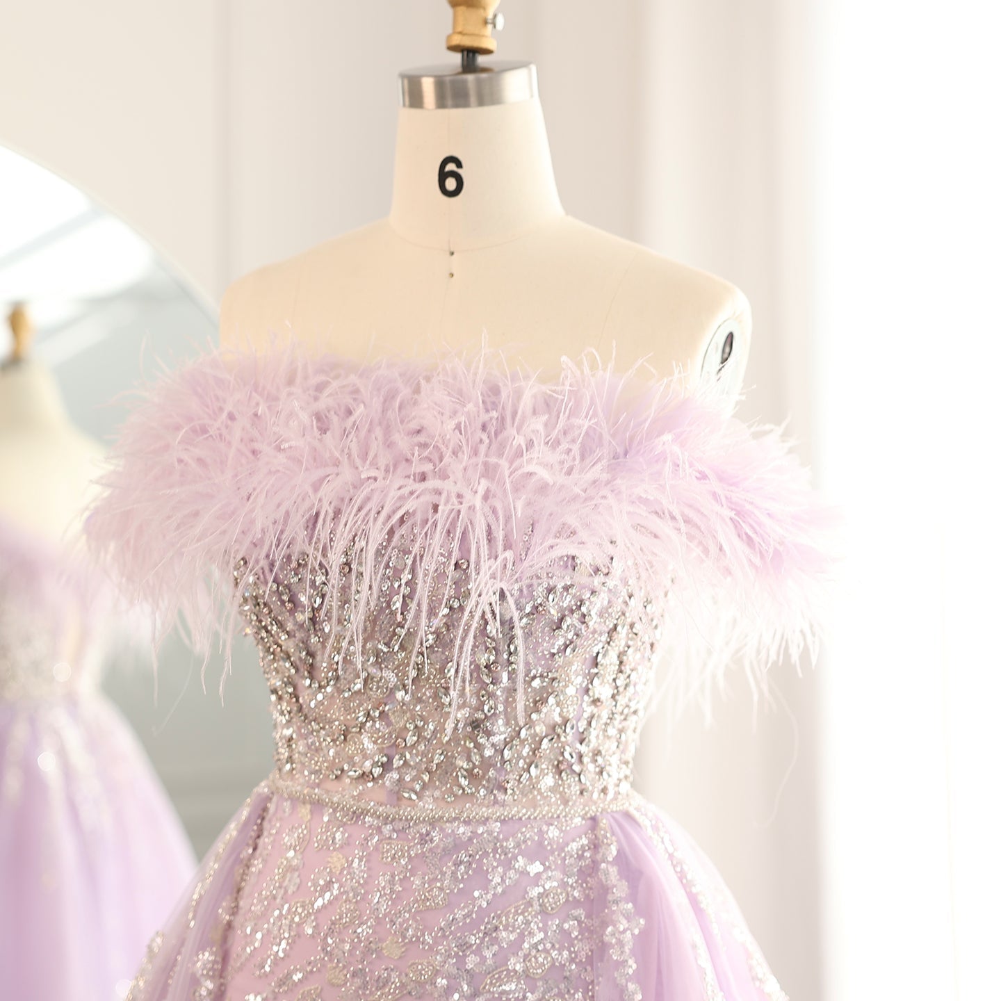 Luxury Feathers Lilac Crystal Evening Dress with Overskirt SS252